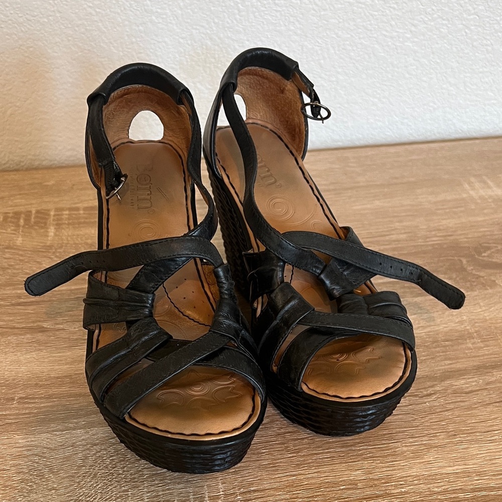 Born Black Strappy Leather Wedges
